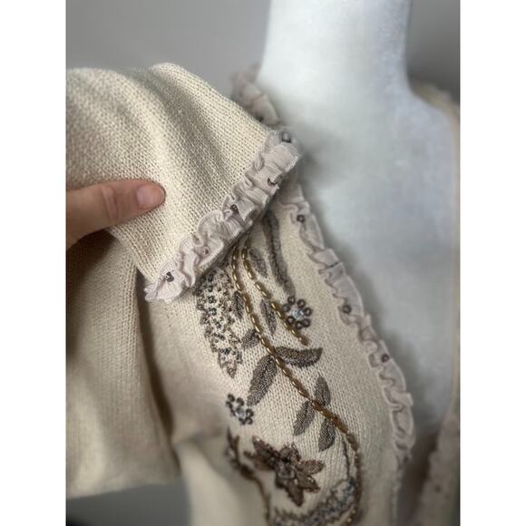 Vintage Coldwater Creek Large Cardigan Sweater Festival Boho Ruffle Bead Earthy - Picture 7 of 9